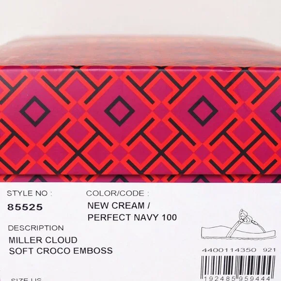 NIB Tory Burch Miller Cloud Leather Thong Sandal Cream Navy US 9 100% AUTHENTIC
